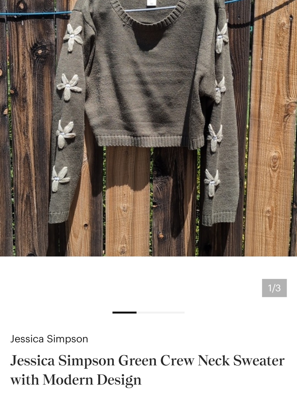 Jessica Simpson Olive Green Crewneck Sweater with Ivory Floral Sleeve Appliqués